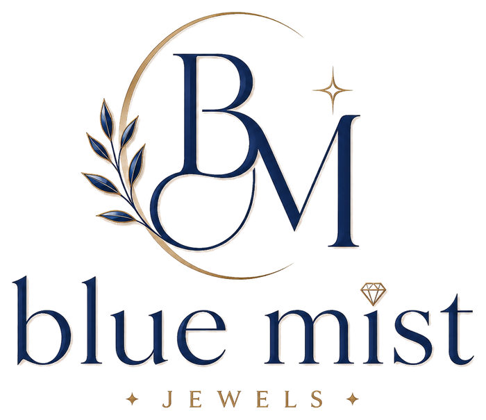 Blue Mist Jewels logo — navy and gold BM monogram with laurel leaves